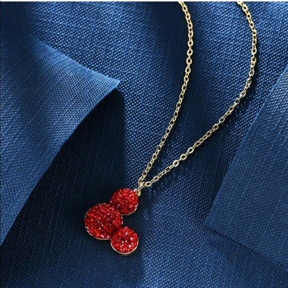 18K Yellow Gold and Ruby Red Crystal Mickey Mouse Adjustable Charm Necklace - Picture 4 of 6